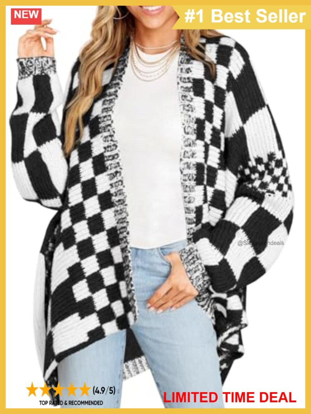 Oversized Checkered Cardigan Sweater Long Sleeve Open Front Knit